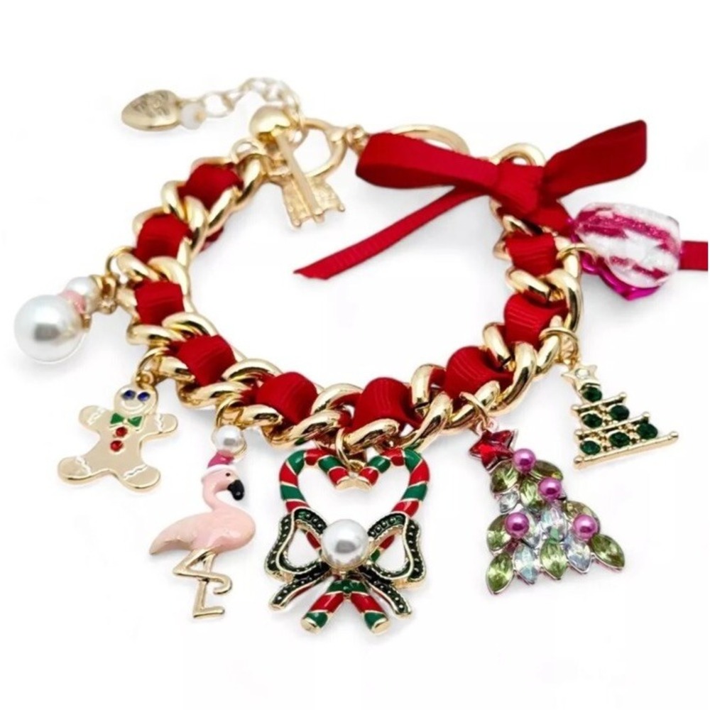 Betsey Johnson Gold Tone Holiday Christmas Winter Crystal Charm Toggle Bracelet